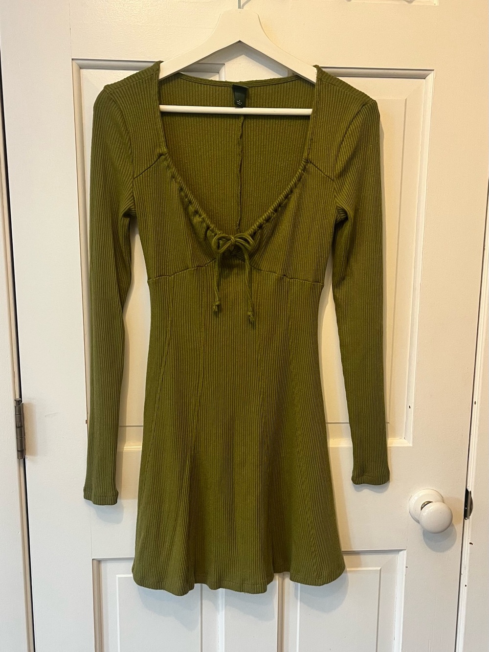 Wild Fabke Olive Green Ribbed Long-Sleeve Sweater Mini Dress with Tie Front